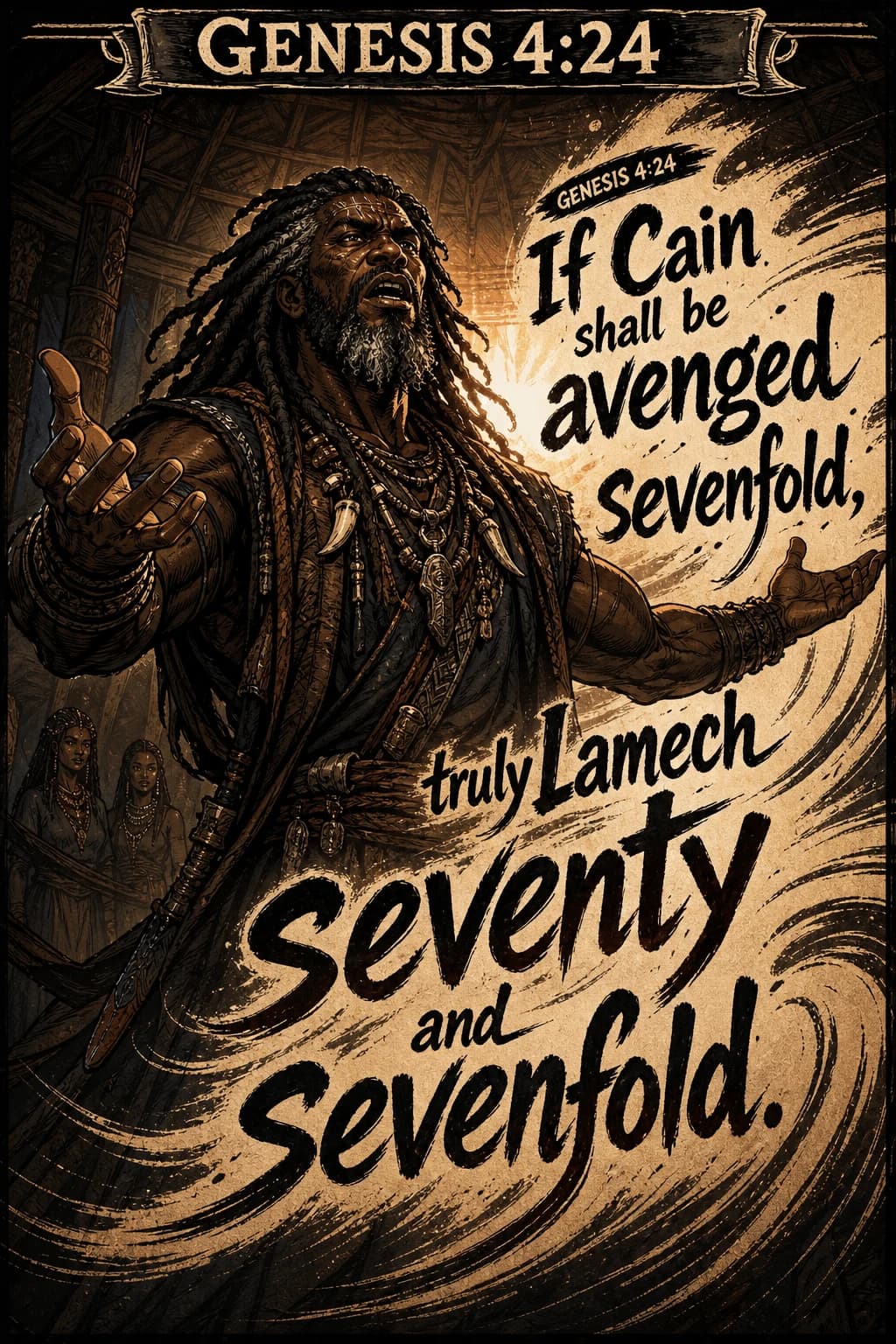 A dramatic Genesis 4:24 poster depicts Cain and the words of the passage.