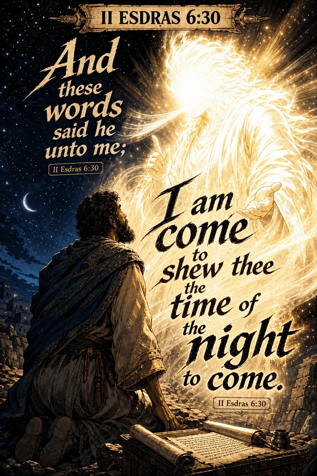 A luminous figure appears to a kneeling reader beneath the words of II Esdras 6:30.