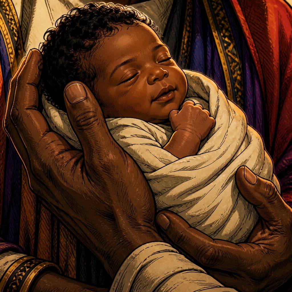 A sleeping child is held safely in a pair of hands.