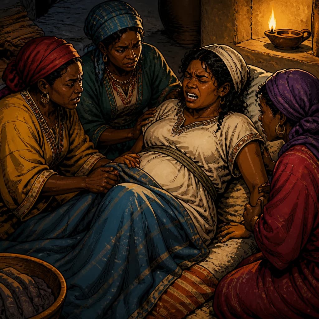 Four women gather around a mother in a lamplit room.