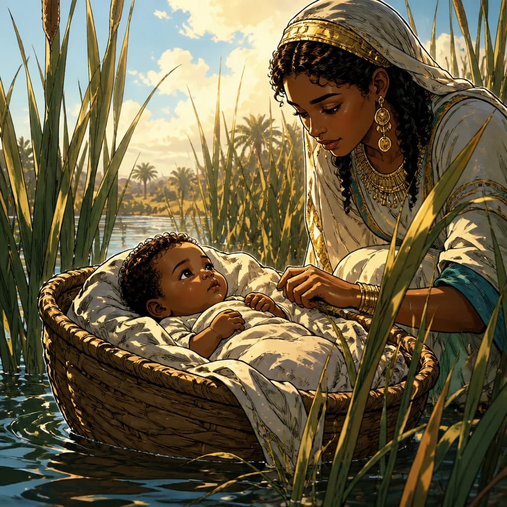 A mother watches over a baby resting in a basket among the reeds.