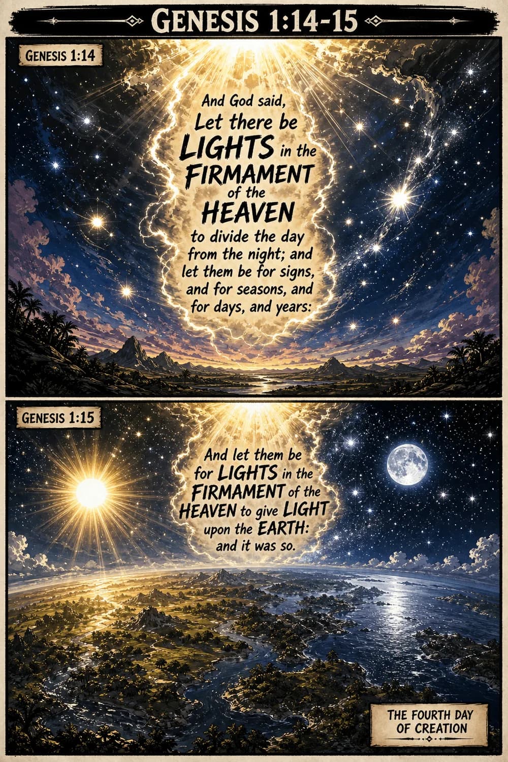 Genesis 1:14–15 illustrated with the sun, moon, and stars.