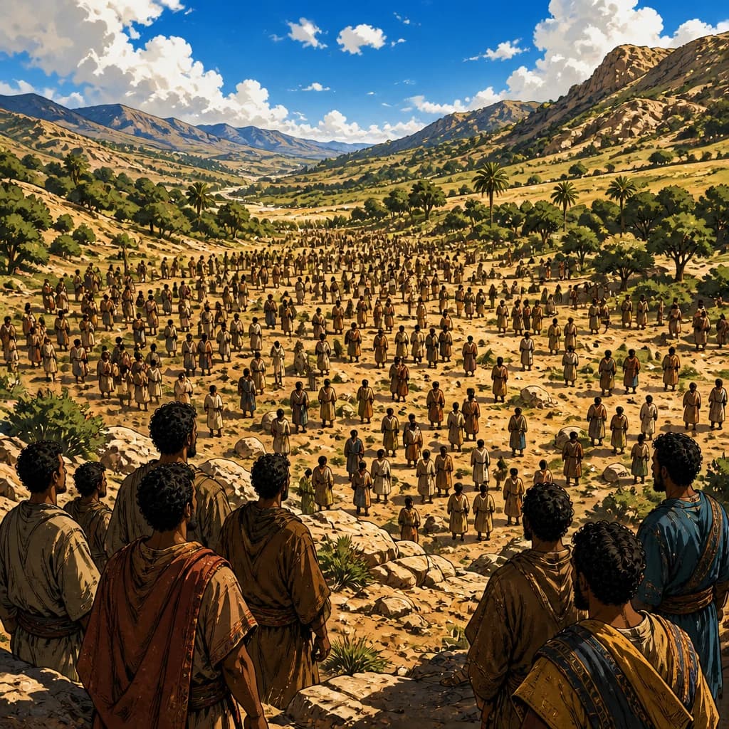 A gathered people fill a broad valley between the mountains.