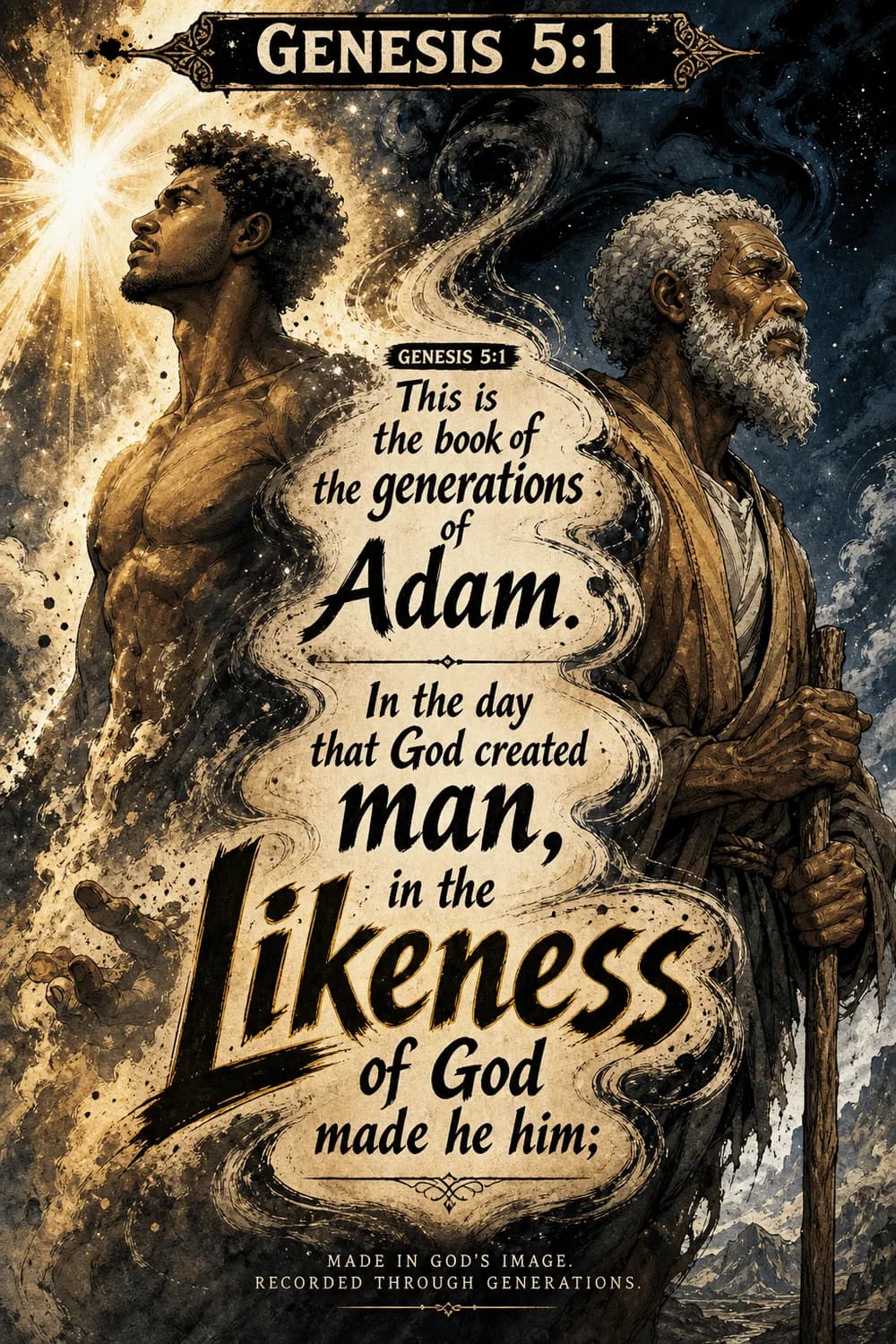 An illustrated page depicting the generations of Adam in Genesis 5:1.