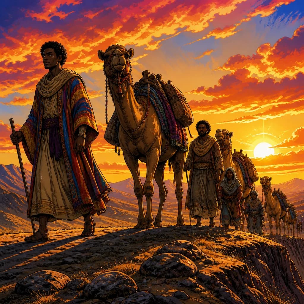 A traveler and camels crossing a mountain ridge at sunset.