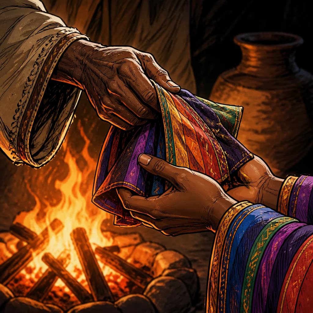 Hands draw richly colored robes together beside a fire.