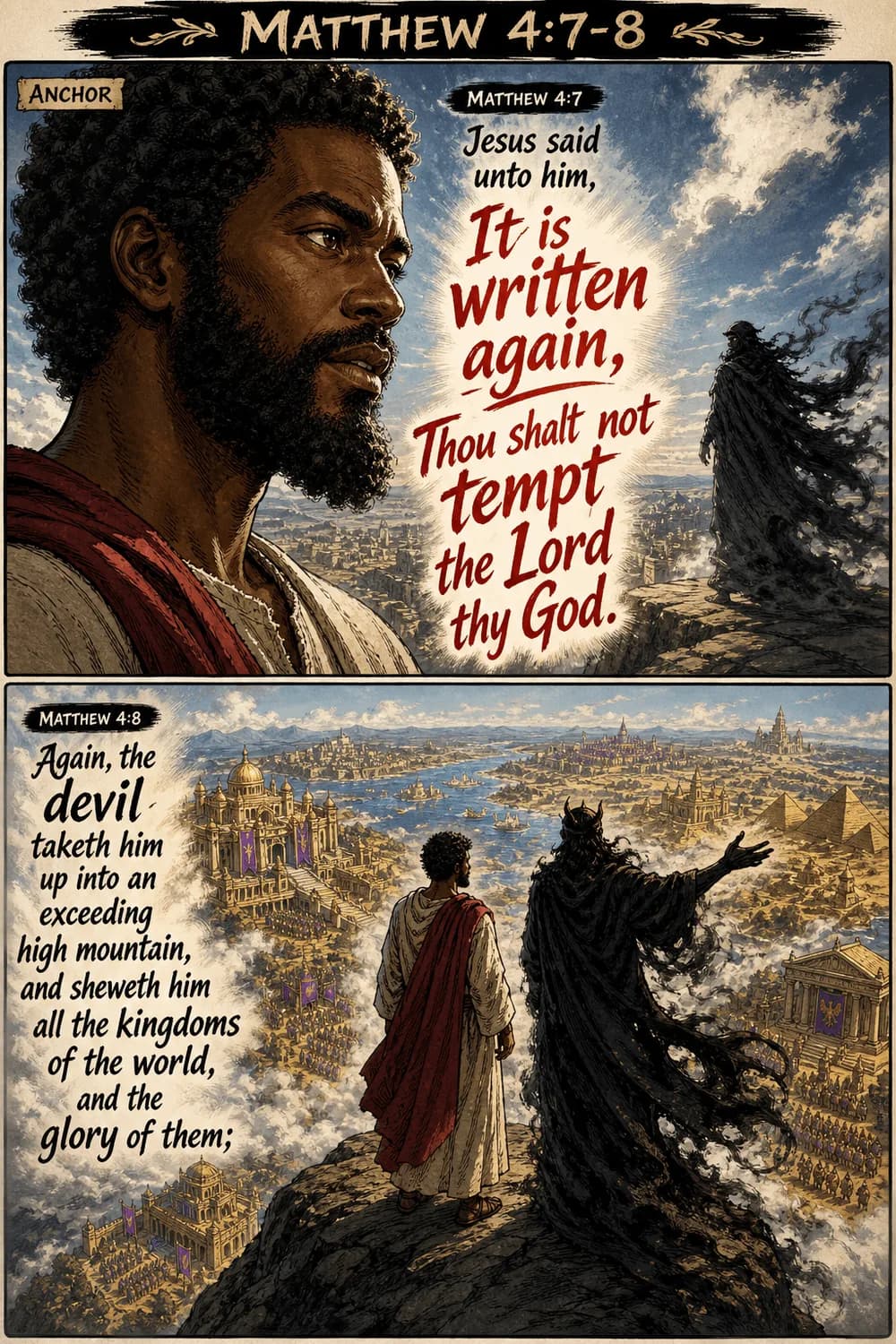 Illustrated scenes of Jesus in the wilderness, with Scripture from Matthew 4.