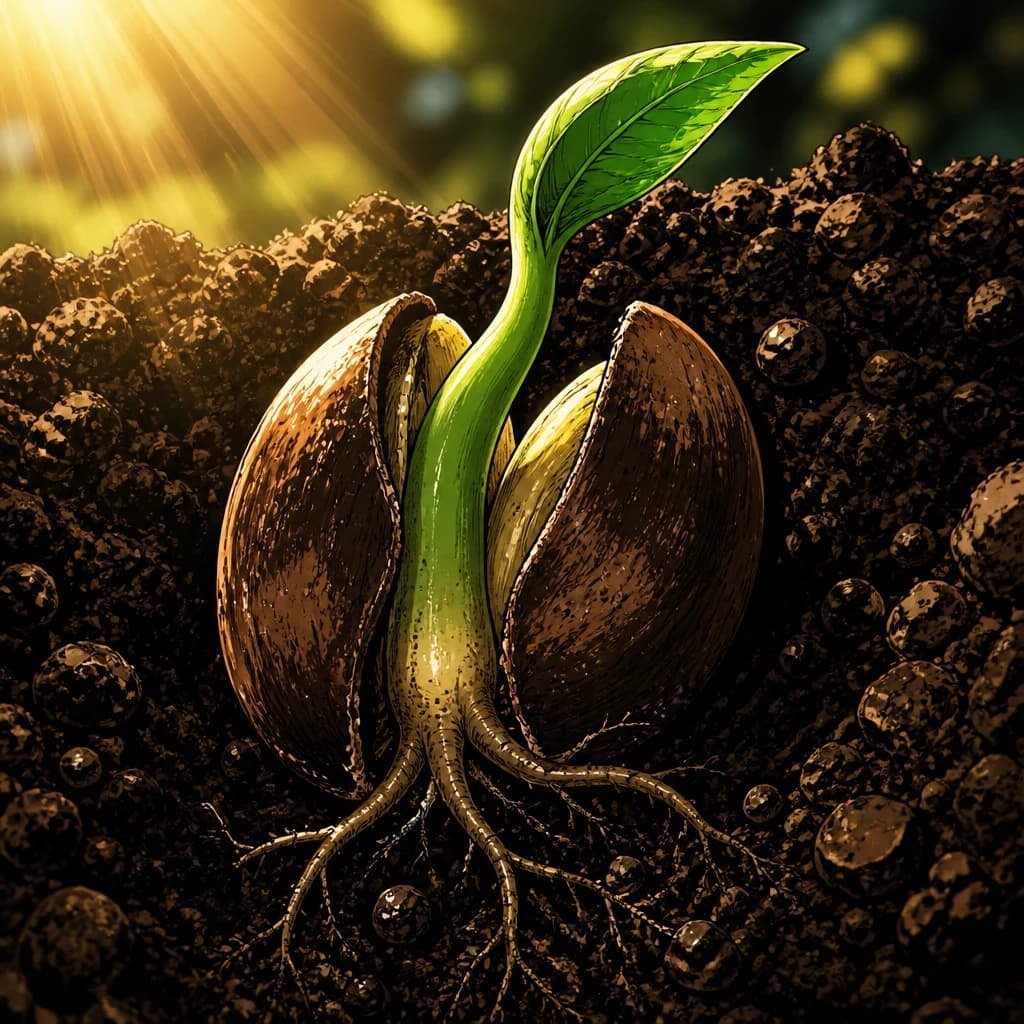 A green seedling breaks through the soil into the light.