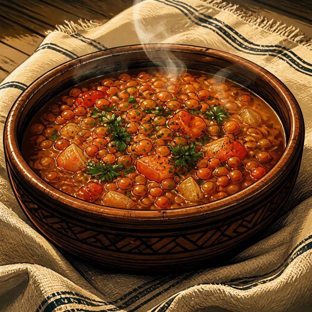 A shared bowl of food rests on a woven cloth.