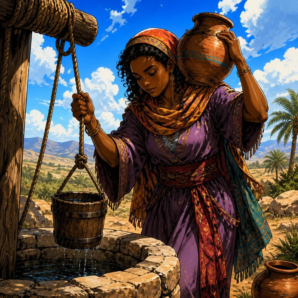 A woman draws water from a stone well beneath a bright sky.